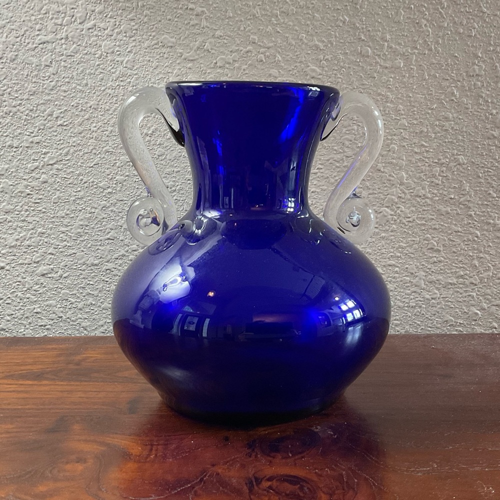 Vtg Cobalt Blue Glass Vase with Clear Glass Handles, Artisan Blown Glass, Poland
